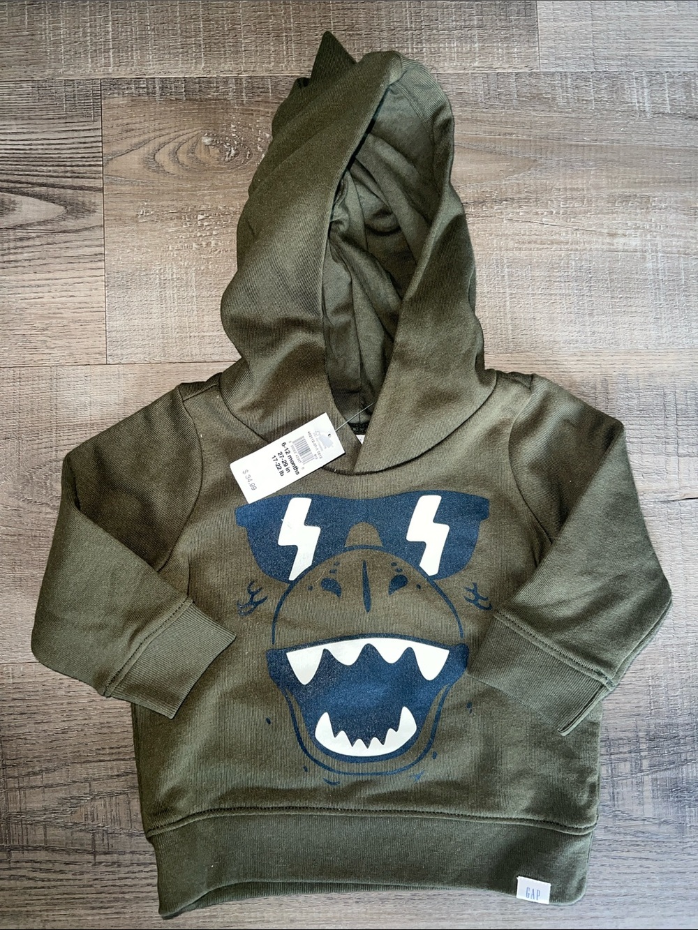 GAP Olive Green Hoodie with Navy Dino Graphic
